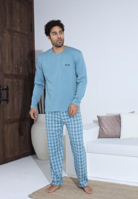 Pijama Barbati ,Maneca si Pantaloni Lungi,Culoare Turcoaz cu Alb,Engros